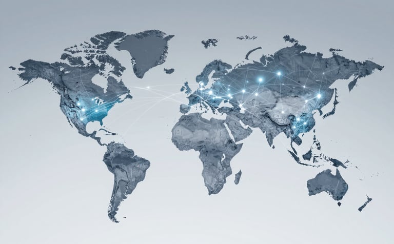 A sophisticated visual of a world map with interconnected data points and light streaks in #4F77CC. The image conveys global reach and precise digital targeting. Clean, corporate, and technology-focused style.