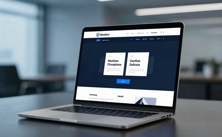 A modern, minimalist laptop displaying a high-converting, dark-themed website design. The surrounding environment is a luxurious, blurred executive office with cool blue ambient light (#1E3A8A). Professional, elegant, and tech-driven.