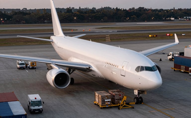 A high-angle professional photograph of a cargo aircraft on a modern airport tarmac during twilight, surrounded by logistics vehicles and organized freight containers. Global / International logistics hub.