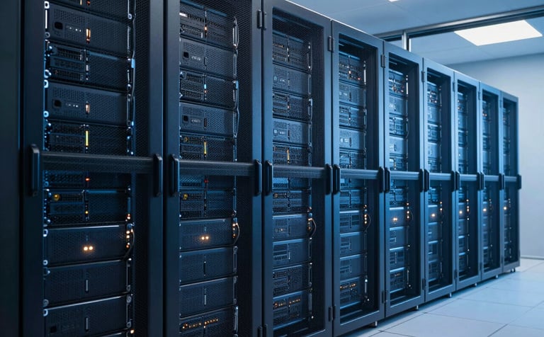 A sleek and professional view of a modern data center with rows of illuminated server racks in dark blue and light blue hues. The composition is clean and architectural, representing a high-tech global facility. Global / International setting.