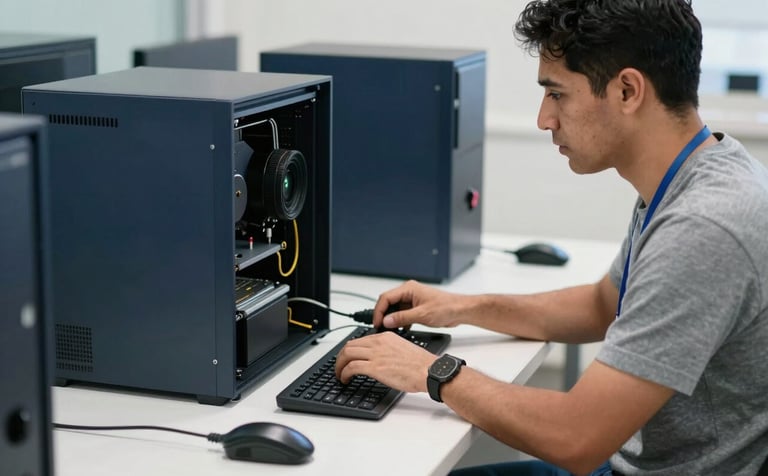 A professional South American technician in a modern office environment, performing preventive maintenance on a high-end desktop computer using specialized tools, bright and clean workspace with dark blue and soft gray accents, professional photography.