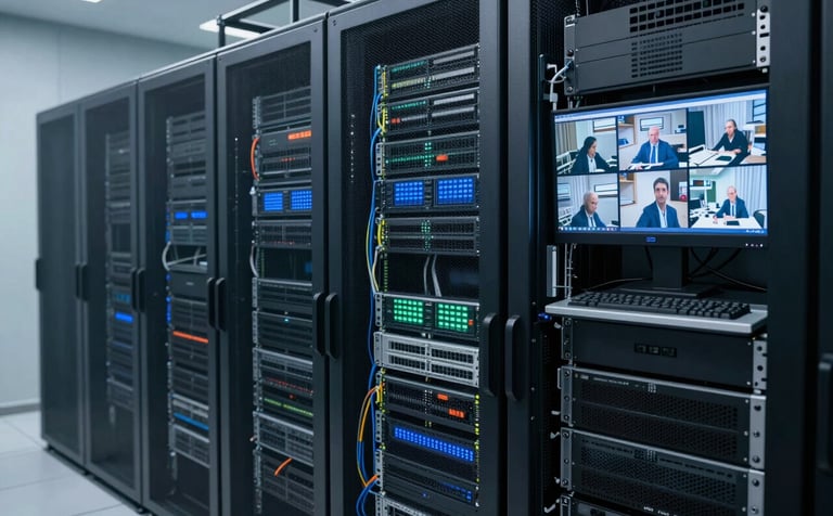 A modern data center and security monitoring station in South America, showing organized network cabling and professional surveillance screens, professional composition, soft lighting, featuring medium blue and light gray tones.