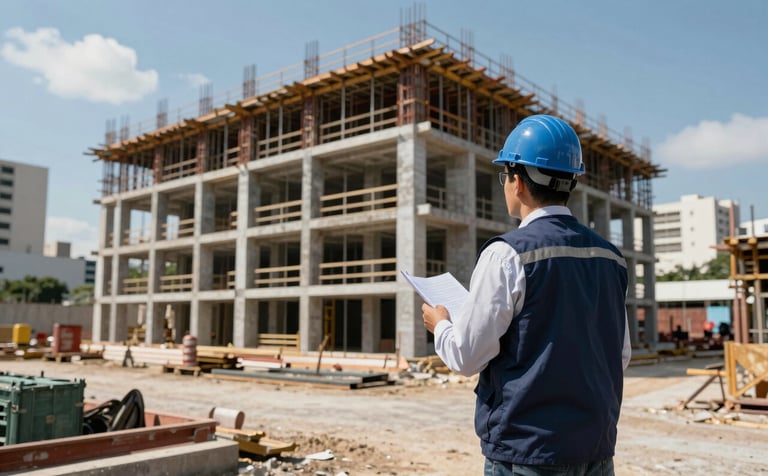 A wide-angle photography shot of a modern construction site in a South American / Brazilian urban area. A professional wearing a hard hat and slate blue vest is inspecting the structural layout. The scene is bright and sharp, conveying expertise. Colors: deep navy, sky gray.