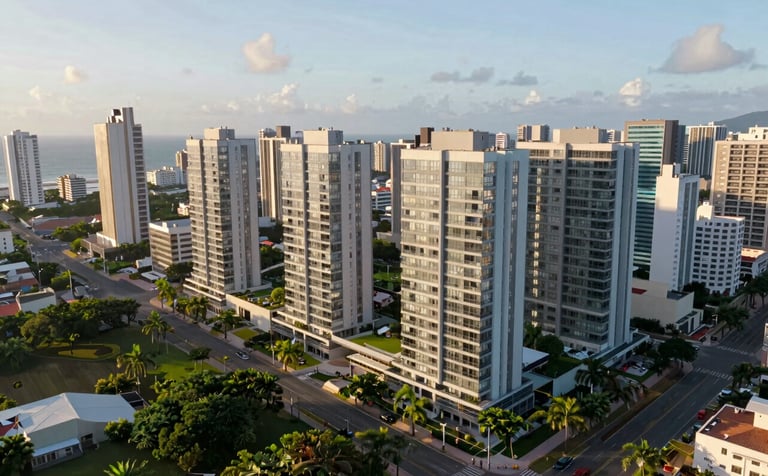 A cinematic aerial photograph of a new real estate development project in a South American / Brazilian coastal city. Modern apartment buildings with clean glass facades are integrated with lush green landscaping. Morning light. Colors: slate blue, soft white.