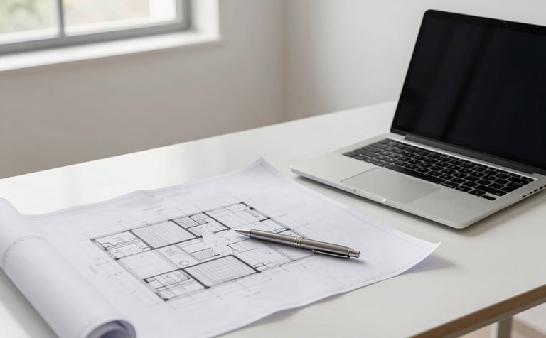 A professional high-angle shot of a clean, modern architect's desk in a South American / Brazilian studio. On the desk are detailed architectural blueprints, a sleek metallic pen, and a high-end laptop. The background is a soft white wall with natural light streaming from a large window. Colors: soft white, sky gray.