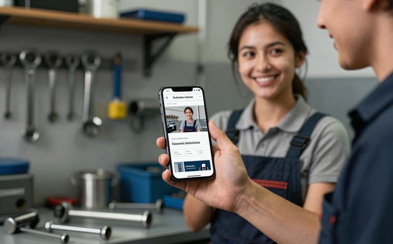A medium shot of a friendly small business owner in a clean, organized automotive workshop. They are holding a smartphone showing their new business website. The lighting is warm and supportive. The background features tools and equipment in soft silver grey and dark navy blue tones.