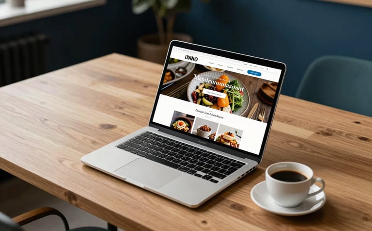 A high-angle photograph of a bright, modern wooden desk. A sleek laptop displays a professional website for a local Mediterranean restaurant. Beside the laptop is a cup of coffee. The room has soft lighting and accents of dark navy blue and muted teal in the decor, conveying efficiency.