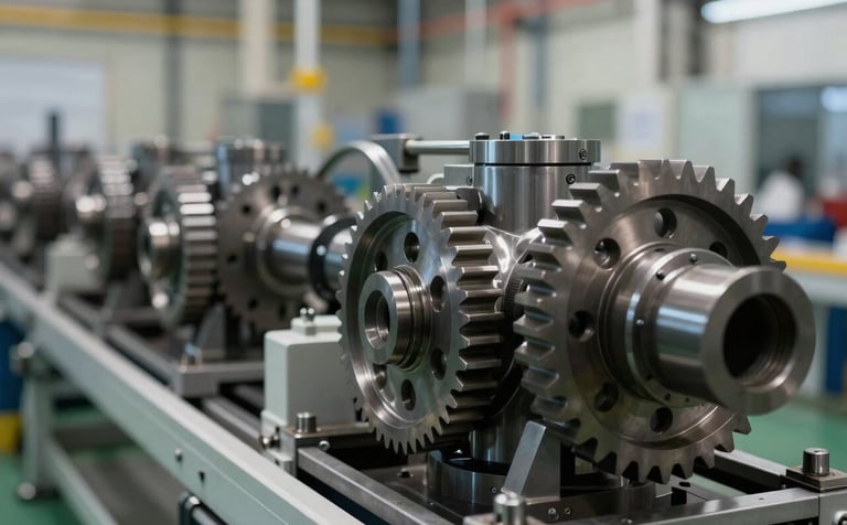 Industrial photography of a custom-built mechanical assembly line for the automotive industry. The composition uses a shallow depth of field, focusing on steel gears and high-quality machining, set in a professional US-based production plant.