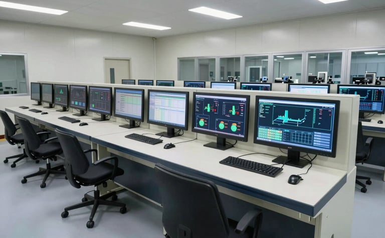 A wide-angle professional shot of a modern industrial control room in a North American facility. A clean, forward-thinking environment where digital screens display real-time analytics for a smart factory production line, featuring off-white and dark navy surfaces.