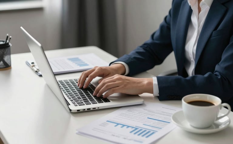 A clean, minimalist home office in the United States. A professional consultant's hands are visible as they type on a sleek laptop surrounded by neatly organized financial documents and a cup of coffee. The room is filled with soft, natural morning light. Elements of the room include dark navy and light blue decor, creating a sophisticated and trustworthy atmosphere.