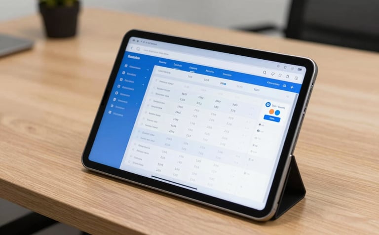 A close-up photograph of a tablet screen displaying a sophisticated financial savings dashboard with clean lines and medium blue accents. The tablet sits on a high-quality light wood desk in a modern North American office. The lighting is bright and professional, highlighting the clarity of the data shown.