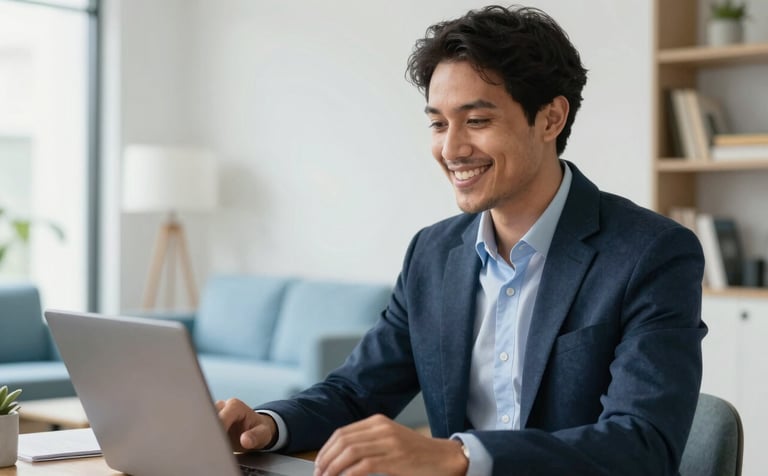 A professional person in North American business casual attire is seen smiling warmly while engaging in a video consultation from a bright, sophisticated apartment in the US. The background is slightly out of focus, showing off-white walls and light blue furnishings, conveying a sense of efficient, modern remote service.