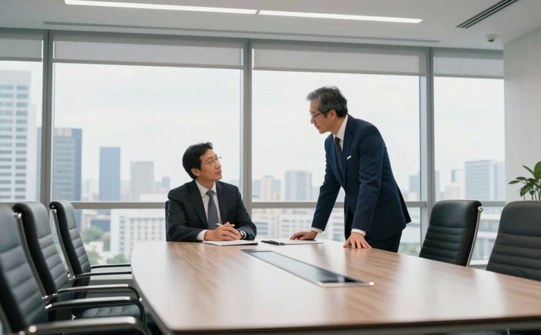 An elegant photography of a luxury boardroom overlooking a bright metropolitan horizon, symbolizing global success and mentorship, professional atmosphere, Global / Francophone context, palette of near white and dark blue.