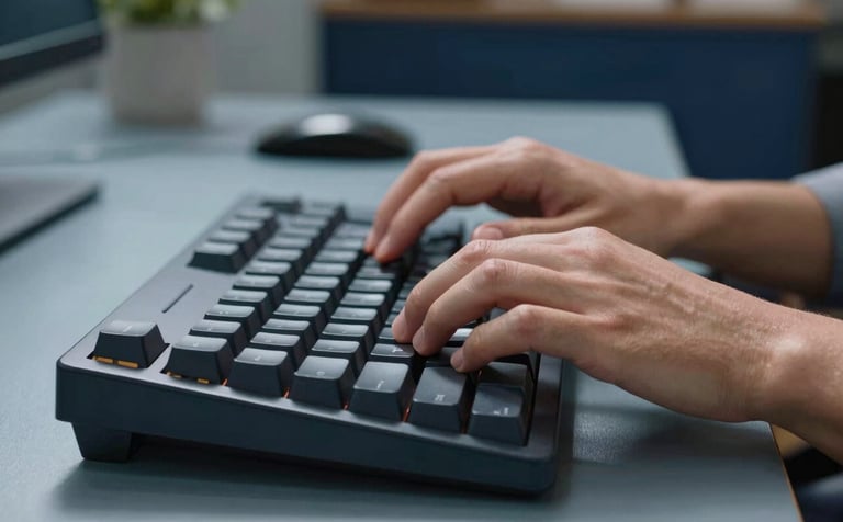 A close-up shot of hands typing on a high-quality mechanical keyboard. The background is a soft-focus office with slate blue and dark navy decor, suggesting professional focus and digital craftsmanship.