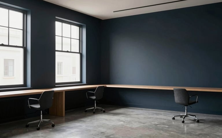 A wide shot of a minimalist, high-end design studio. Large windows let in natural light, hitting a dark navy accent wall. The space is uncluttered and sophisticated, representing high-quality agency work.