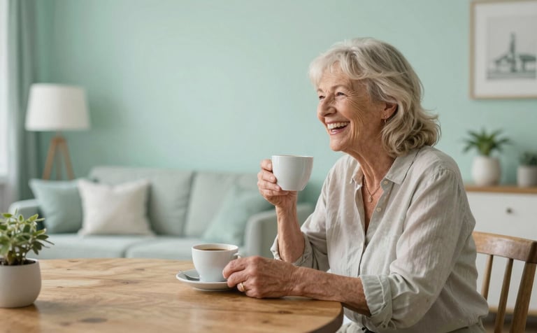 A peaceful interior shot of a bright Northern European / Dutch living room. A friendly professional and an elderly lady are sitting at a wooden table, laughing while drinking coffee. Soft light, mint green and pale aqua white decor colors.
