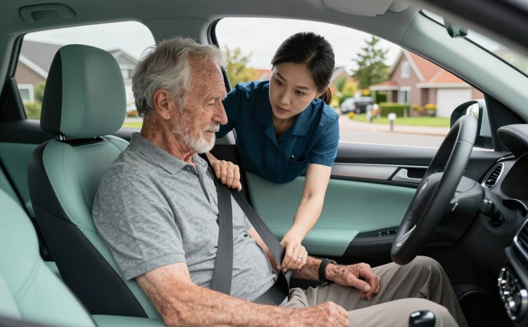 A high-quality photo from inside a clean, modern car where a caregiver is helping a senior passenger with a seatbelt in a suburban Northern European / Dutch neighborhood. Reassuring atmosphere, soft seafoam green accents in the car's interior details.