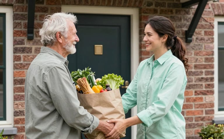 A heartwarming photography of a professional assistant wearing a soft mint green shirt, delivering a bag of fresh groceries to an elderly person at the front door of a cozy, modern Northern European / Dutch brick home. Bright, natural daylight, focusing on the friendly interaction.