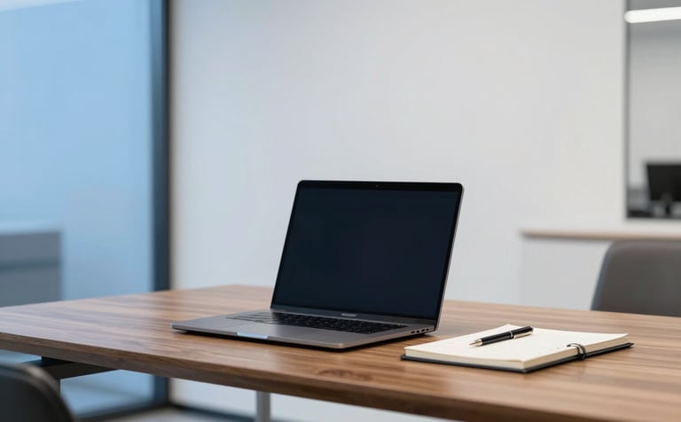 A minimalist, high-end North American / US office setting with a sleek wooden desk. On the desk sits a modern laptop and a professional notebook. The background features soft blue accents and clean white walls with professional lighting, reflecting a sophisticated brand strategy environment.