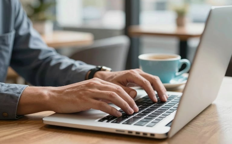 A close-up photograph of a professional's hands typing on a laptop in a bright, modern North American / US cafe. Beside the laptop is a soft blue ceramic coffee cup. The scene is clean, airy, and professional, utilizing natural daylight.