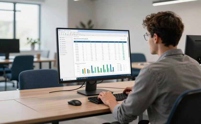A professional in a modern North American / US co-working space working on a large monitor. The screen displays clean data analytics. The room is filled with natural light, featuring slate blue furniture and a minimalistic interior design that conveys trust and expertise.