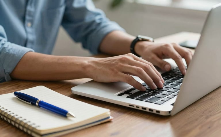 Close-up of hands typing on a modern laptop in a sleek North American / US home office. A notepad with a Deep Blue pen sits nearby. The environment feels secure and focused, reflecting a professional handling sensitive documents. Accents of Sky Blue in the decor.