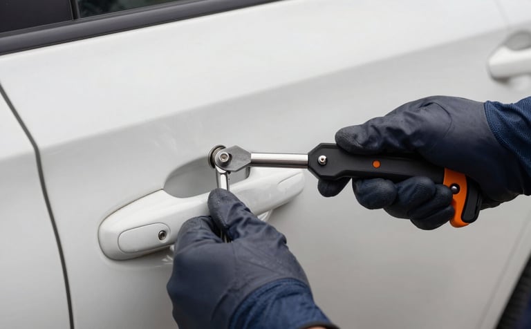 Action photography of an expert locksmith using professional non-destructive opening tools on a car door handle. The aesthetic is clean, sharp focus on the tool, with a soft off-white car body and dark navy professional gloves.
