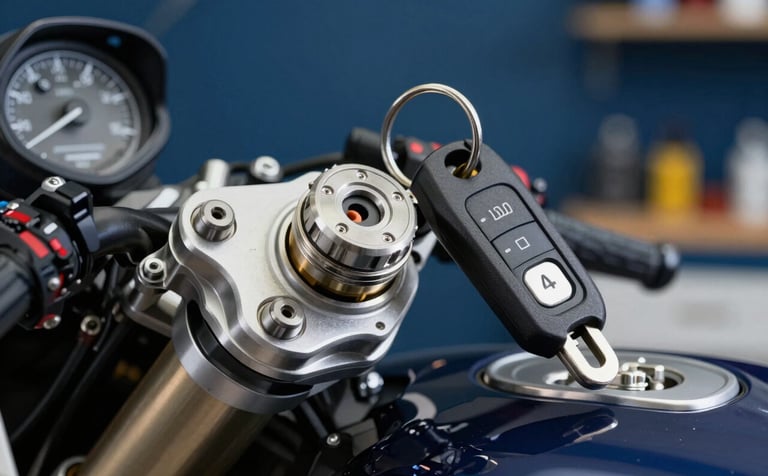 Close-up shot of a sleek motorcycle ignition and a newly cut transponder key. The lighting is crisp, emphasizing the metallic textures. The background is a professional workshop in muted blue and dark navy tones.