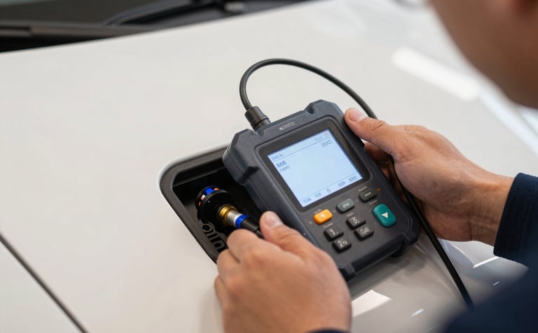 Professional photography of a technician's hand using a high-tech electronic programmer connected to a modern car's OBD port. The scene is clean and focused, with soft off-white lighting and subtle steel blue highlights on the equipment.