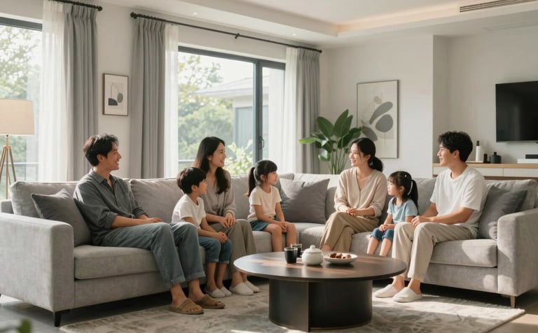 A heartwarming professional photograph of a family relaxing together in a modern, upscale North American / US home. The room is decorated in light gray and off-white tones, with soft, natural morning light creating a secure and comfortable atmosphere.
