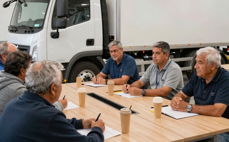 White Islas Canan semi-truck driving on a road through a volcanic landscape under a clear blue sky.