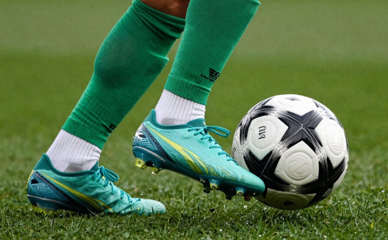 Close-up of a high-intensity professional football scenario in Spain, focusing on the boots and the ball during a critical decision point, dynamic movement, professional lighting with deep green tones.