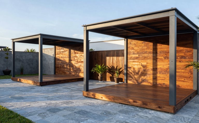 A high-end outdoor entertainment area in a South American / Latin American home, featuring a beautiful wood deck and a modern pergola. The structures are made of dark slate grey metal and warm timber. The lighting is soft morning sunlight, casting elegant shadows on the light blue-grey paving stones.