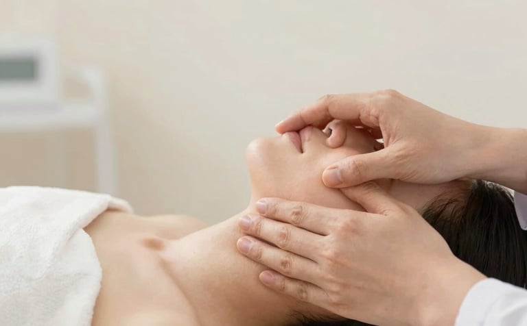 Close-up of therapeutic hands performing a precise manual adjustment on a neck, captured in a serene, professional environment with off-white (#F5F8F7) tones and clinical clarity.
