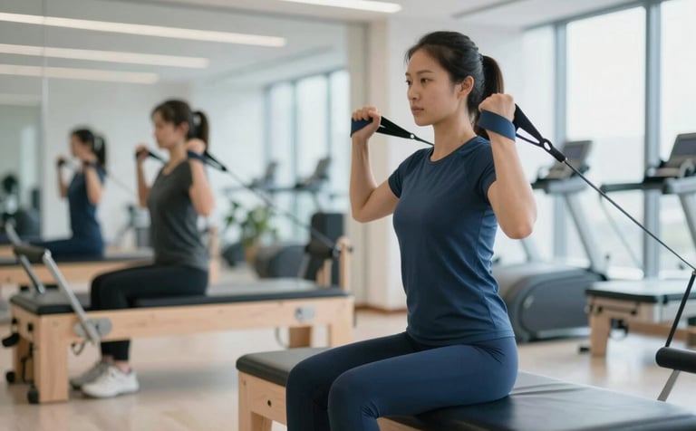 A sports rehabilitation session showing an athlete performing exercises with resistance bands in a high-end facility. Subtle dark blue (#1F303B) equipment and a bright, motivating atmosphere.