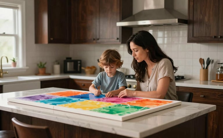 A heartwarming photograph of a parent and child sitting side-by-side at a bright kitchen island in a North American home, focused on a large canvas covered in vibrant colors. The lighting is soft and empathetic, highlighting their bond. Dark brown and cream accents.