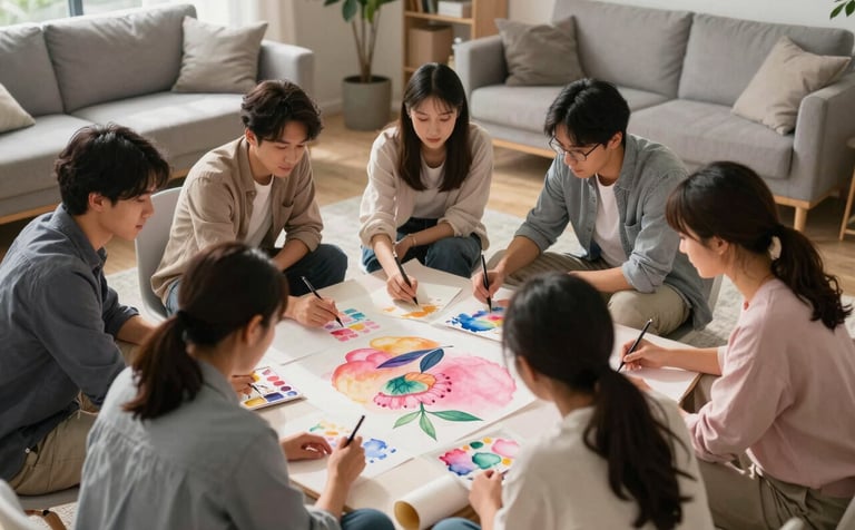 A medium shot of a small group sitting in a circle in a cozy, modern North American community room. They are engaged in a collaborative watercolor project on a large paper roll, illuminated by soft morning light. Pale pink and gray color palette.