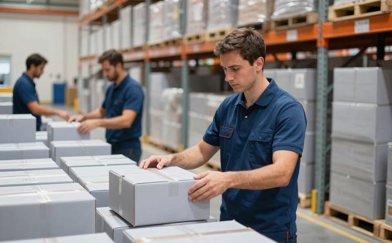 A professional in work attire managing logistics in a modern, bright warehouse in Madrid, Central European / Spanish context. They are organizing rows of neatly packed boxes. The lighting is clean and corporate, highlighting the precision of the operation. Palette includes slate blue and light grey.