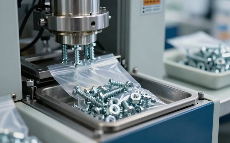 A close-up of high-precision industrial packaging equipment filling bags with metallic screws and nuts. Clean, organized manufacturing facility in a Central European / Spanish business park. Sharp lighting reflecting off the metal components. Palette focus on light grey and slate blue.