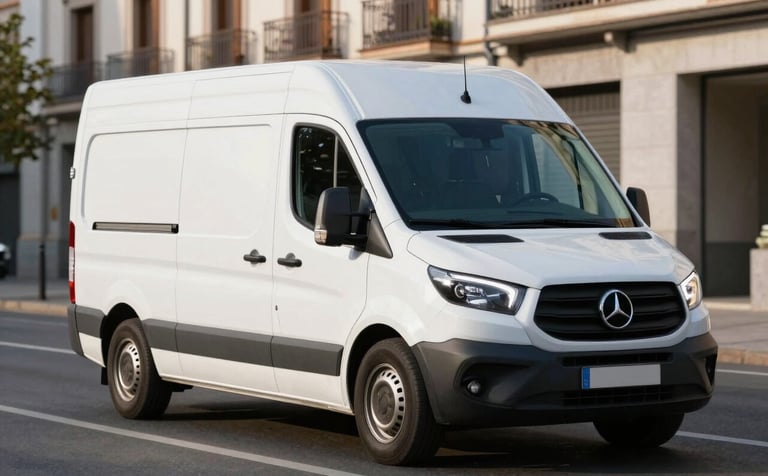 A modern white delivery van driving through a clean street in Madrid, Central European / Spanish setting. Sharp morning light, professional corporate atmosphere, highlighting the efficiency and reliability of the vehicle. The colors emphasize light grey and deep blue tones.