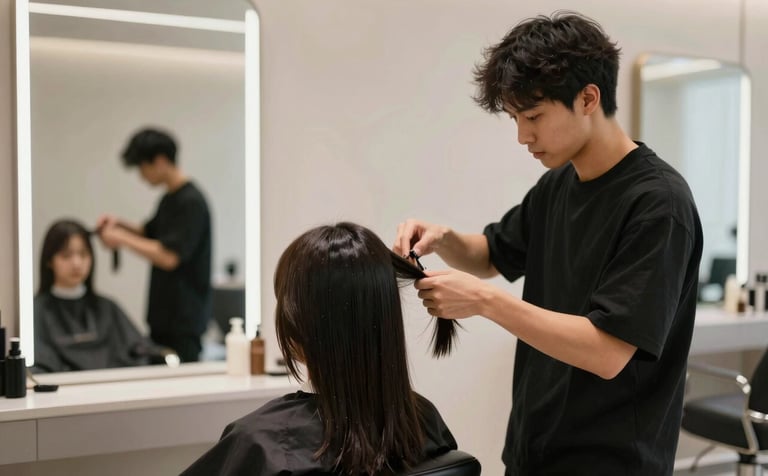 A sophisticated, modern hair salon interior with a minimalist aesthetic. A stylist is performing a professional cut on a client. The lighting is bright and warm, emphasizing clean surfaces. Palette includes accents of #6B7A8F and #C1CDD4 in the background decor.