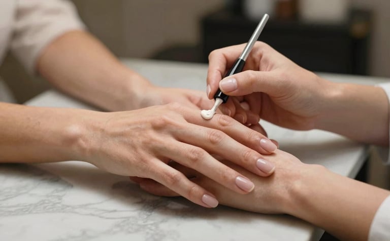 Close-up of elegant, well-manicured hands resting on a polished marble table. A professional technician is applying a neutral polish. Soft, diffused lighting highlights the texture and health of the skin. Mood is calm and luxurious.