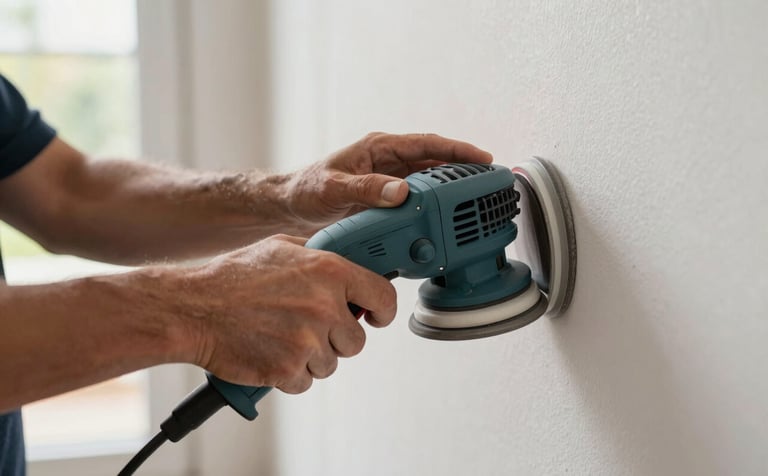 Close-up of a worker's hands using professional sanding equipment on a smooth wall surface. The environment is clean, with professional tools neatly organized. Modern residential North American interior, bright daytime lighting.