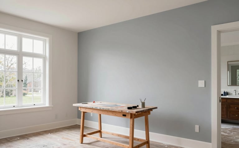 Professional interior photography of a modern Laurentides home with high ceilings. A painter's clean workspace shows freshly painted walls in soft gray and off-white. The lighting is bright and natural, reflecting a North American / Quebecois French architectural style.