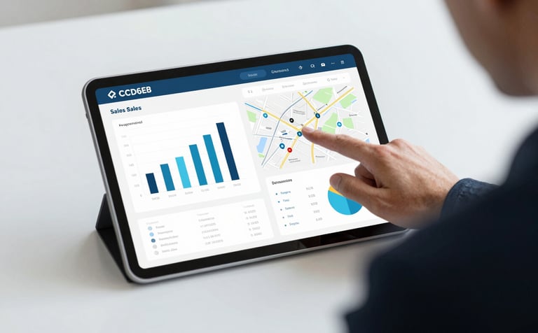 A professional commercial representative pointing at a digital tablet displaying sales growth charts and a logistics map. The scene is clean and modern, representing efficient data-driven prospecting. The colors #CCD6E0 and #3E6C8C are integrated into the graphical interface on the screen.