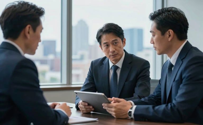 A North American business meeting room. Two professionals are engaged in a serious but positive discussion over a tablet. Large windows show a soft city skyline in the background. The style is sharp and corporate, with deep blue and mist blue tones.
