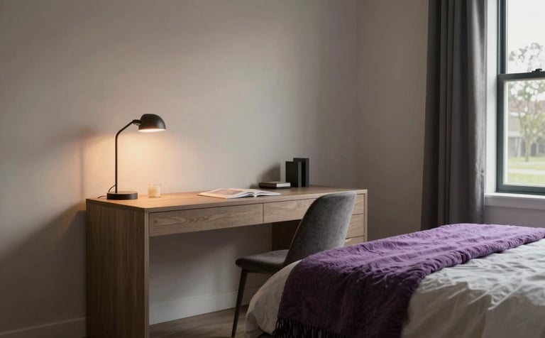 A serene and modern private bedroom in a US suburban house with a minimalist desk, a bed with a soft purple throw, and warm, empathetic indoor lighting.