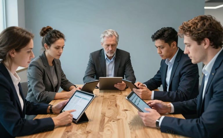 A group of focused professionals collaborating around a large wooden table in a contemporary office in Ebbw Vale, Wales. They are looking at tablet screens showing clear financial data. The style is modern sophistication with muted light blue and deep charcoal tones. United Kingdom / British setting.