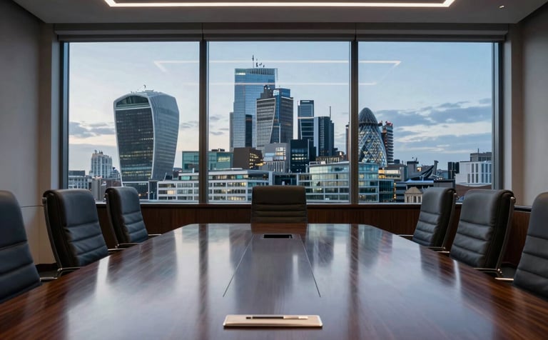 A high-end, sophisticated boardroom overlooking the London skyline at dusk. A polished dark wood table reflects the soft indoor lighting. Professional, elite, and established atmosphere with deep blue and light grey accents. Photography style is sharp and clear. United Kingdom.