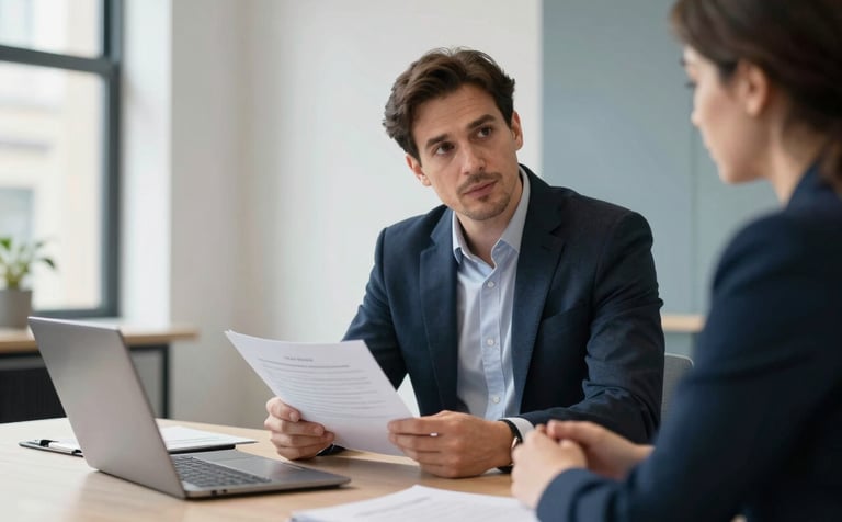 Professional photography of a one-to-one financial consultation in a bright, modern London office. A professional in business attire discusses documents with a client. Soft natural light, clean lines, with accents of dark blue and slate blue in the decor. Professional and reliable atmosphere, United Kingdom.